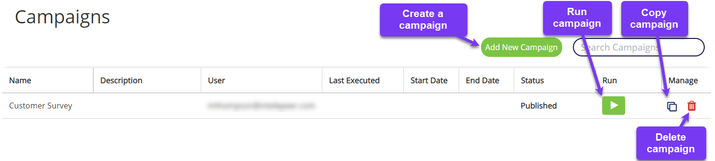 The Engage homepage, titled Campaigns 